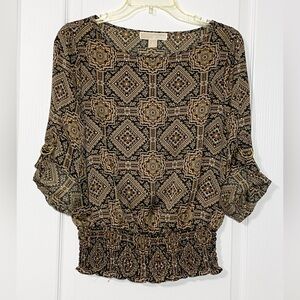 Michael Kors Geometric Print Smocked Waist Roll-tab Sleeve Blouse Small